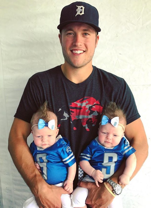 Matthew Stafford with his newest fans, twin daughters Sawyer and Chandler. (From Kelly Stafford on Instagram)