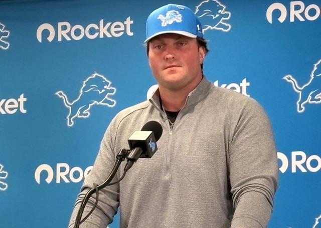 Lions OT Blake Miller speaks to Detroit media on Friday, April 24.